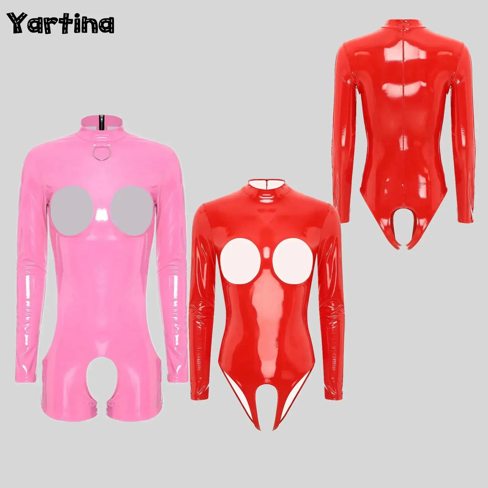 

Womens Lingerie Crotchless Bodysuit Patent Leather Wetlook Hollow Out Open Nipples Bare Breast Thighs O-ring Back Zip Jumpsuit