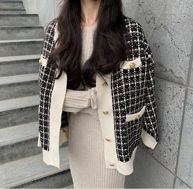 

2026 Spring Autumn Loose Women's Knitted Sweater Long Sve Plaid Open Cardigan Outerwear Casual Comfortable Retro Sle