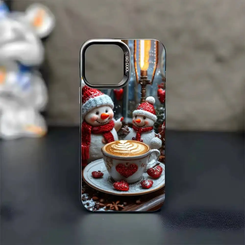 Winter Style Coffee Christma Phone Case For iPhone 17,16,15,14,13,12,11,Pro Max,Plus black Candy Silver Cover