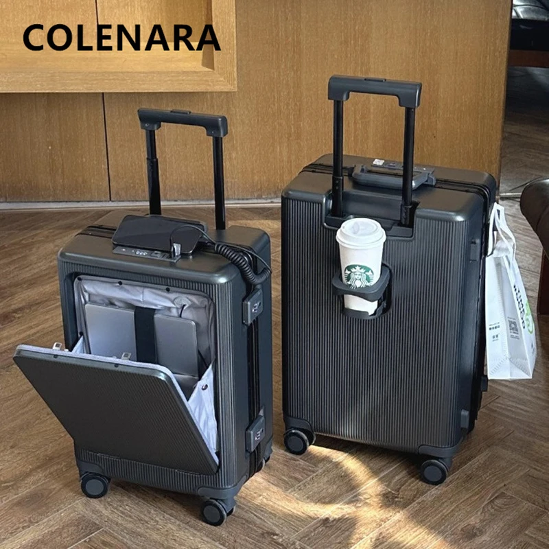 

COLENARA Suitcase on Wheels Front Opening Laptop Boarding Case USB Charging Trolley Case 20"22"24 Inch with Wheels Luggage