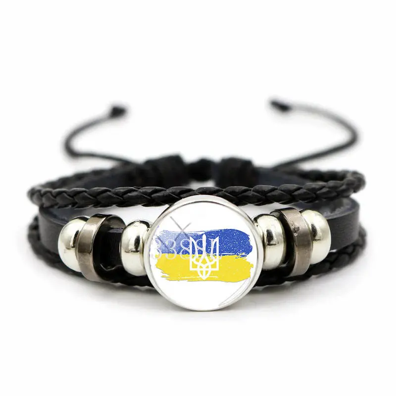 Popular Jewelry Glass Pendant Decorative Leather Bracelet Ukrainian Trident Tryzub Yellow Blue Flag - view 2