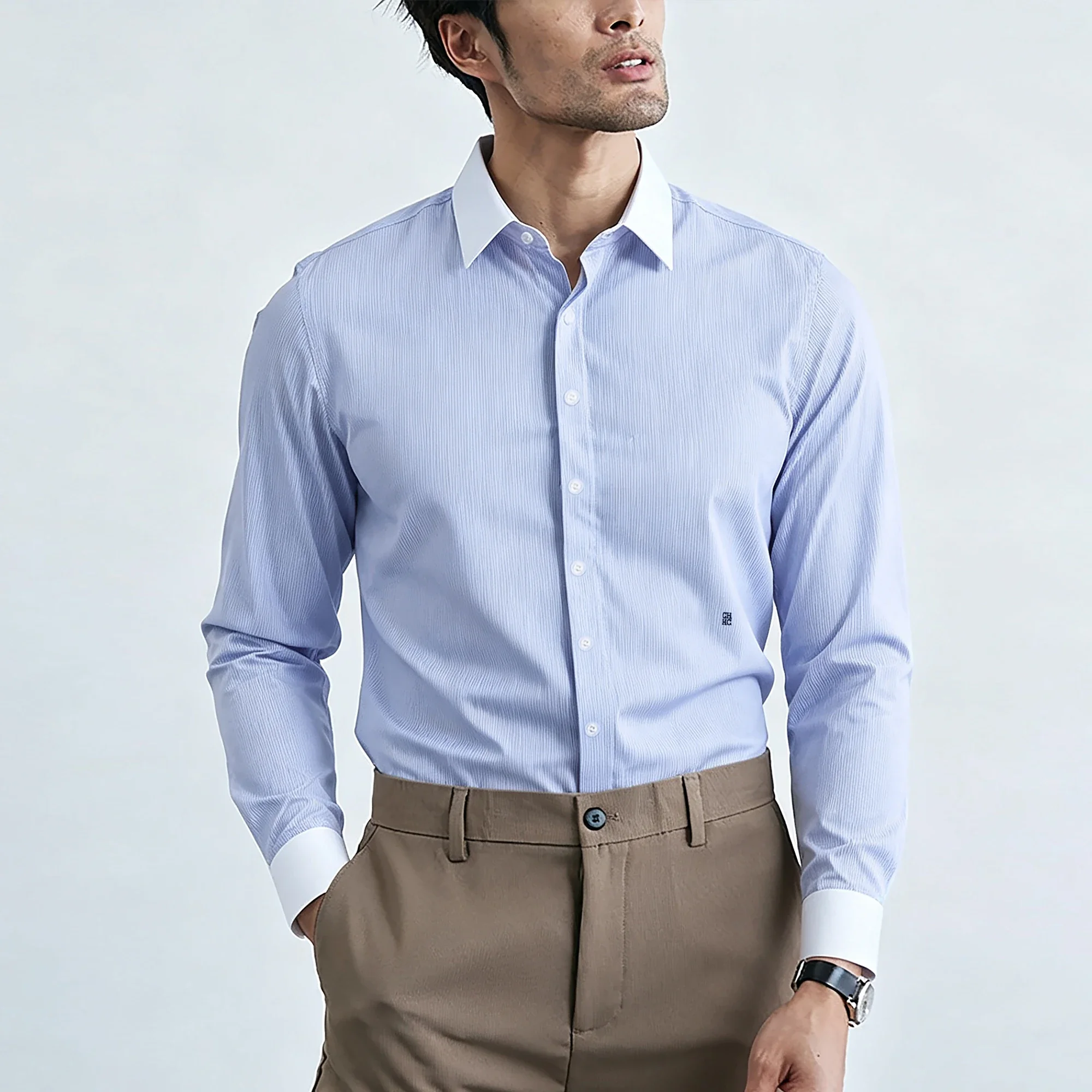 CHCH Men's Shirt Classic Versatile Daily Men's Formal Dress Blue White Stripe Design Business Commuter Men's Long Sleeve