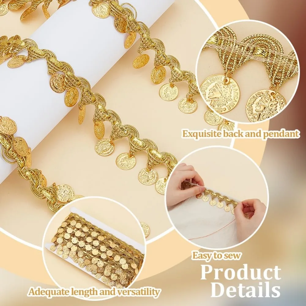 1Roll 10 Yards Gold Coin Shape Sequin Tassel Trim Sequins Lace Tassel Fringe Trim 1.6 Inchm Width Sequins Tassel Lace Ribbon