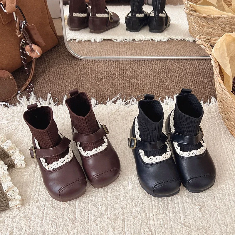Baby Girls Sock-Style Ankle Boots with Buckle 2026 New Winter Toddler Leather Boots Non-slip Simple Retro School Party Dress