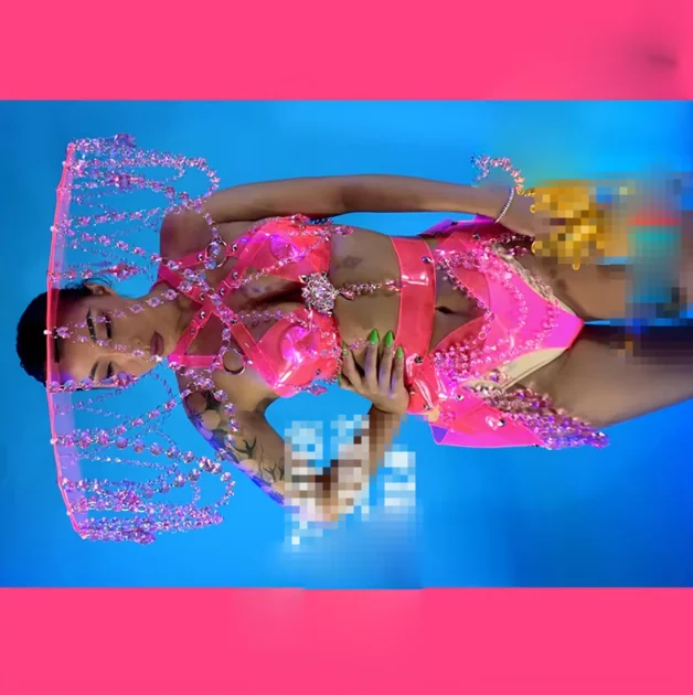 

NEW Sexy Pink gogo costume transparent crystal pendant headwear girl nightclub stage dance team costumes