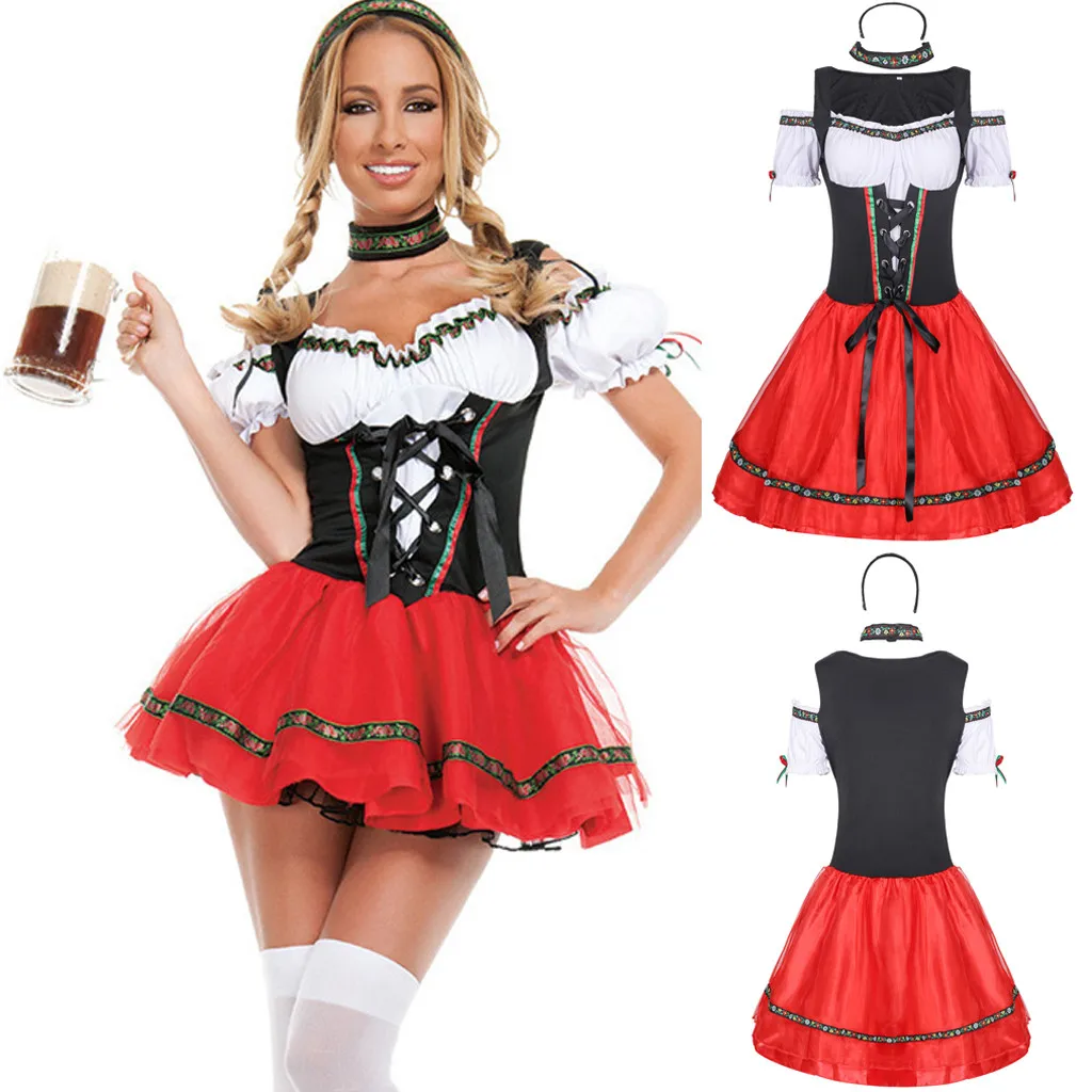 

Traditional Bavarian Oktoberfest Costumes Plaid Dirndl Dresses Women Big Swing Dress German Beer Wench Maid Cosplay Party Dress