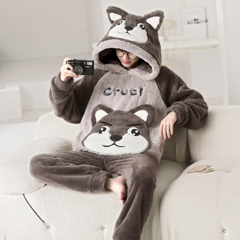 Animal Dog Winter Men Pijama Sets Thicken Soft Sleepwear Hooded Pyjama Male Loungewear Coral velvet Men's Pajamas Warm Homewear