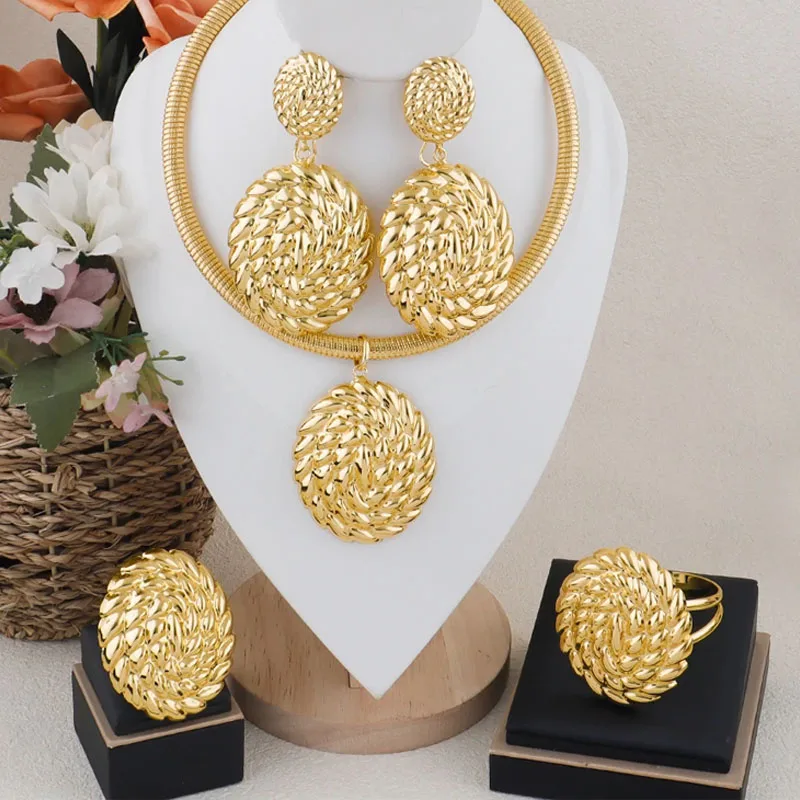 

Dubai Big Drop Earrings Necklace Jewelry Set for Women Ethiopia Bridal African Gold Plated Bangle Ring 4PCS Set Banquet Gift