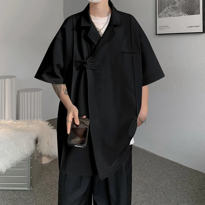 

Новая мужская рубашка в китайском стиле с кубинским воротником, на пуговицах, с оригинальным дизайном, летняя, повседневная, из полиэфирного волокна