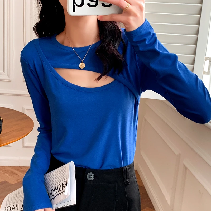 

2023 Spring and Autumn Female Long-sleeved T-shirt Solid Color Woman Basic Shirts With Hole Fashion Hollow O