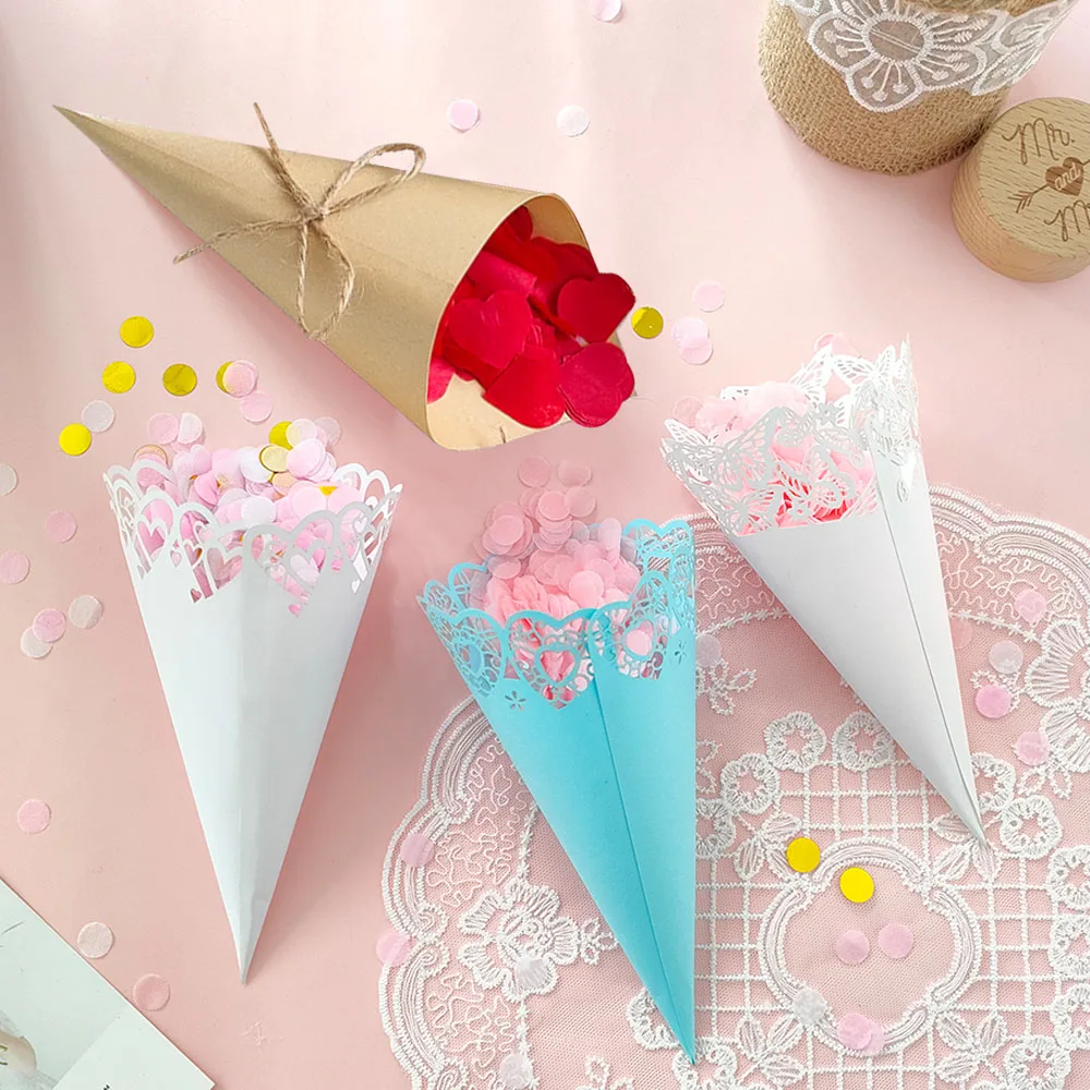 10/30pcs Butterfly Lace Paper Cones Wedding Confetti Cones DIY Paper Petals Candy Placement Wedding Party Bridal Shower Decorati