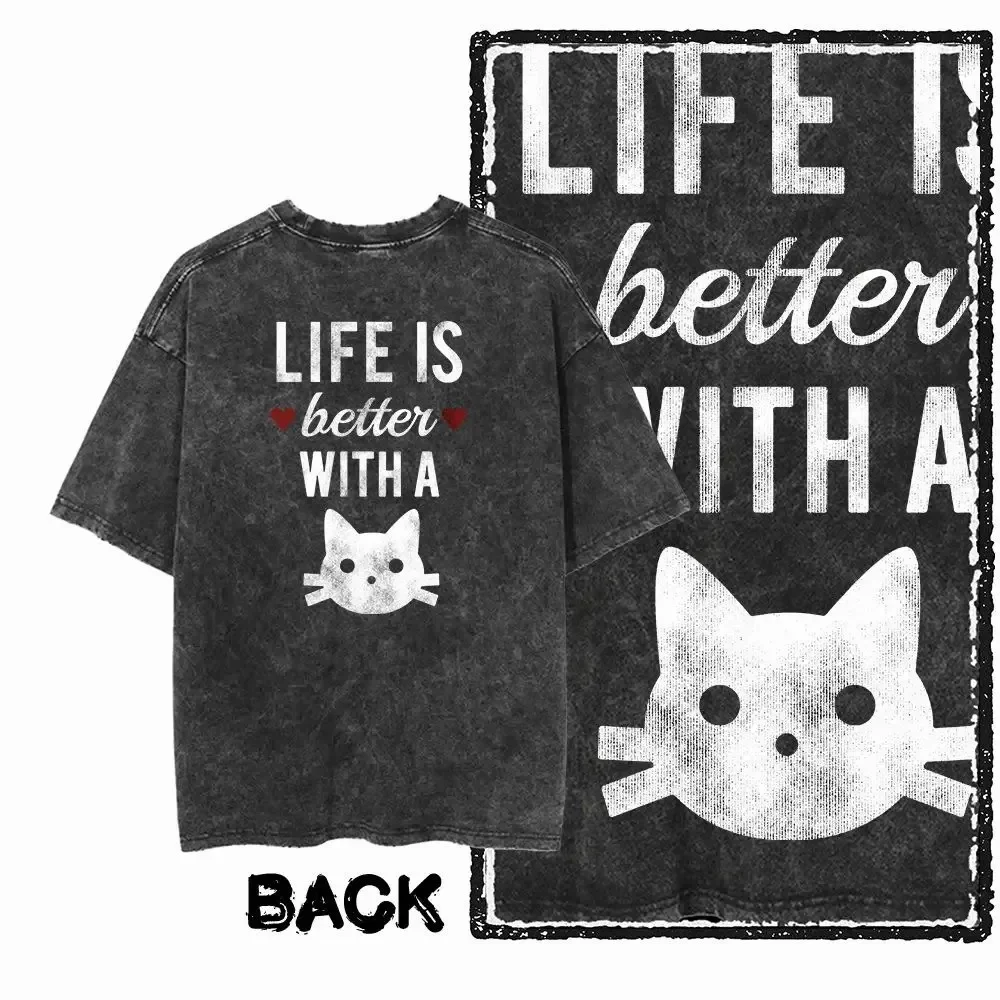 Katzen-Bedrucktes Baumwoll-T-Shirt mit Acid-Wash-Effekt, Exklusives Grafik-Design, Unisex, Coole Streetwear, Herren-T-Shirts in Übergröße, Damen-T-Shirts, Y2k-Top – Detail 4
