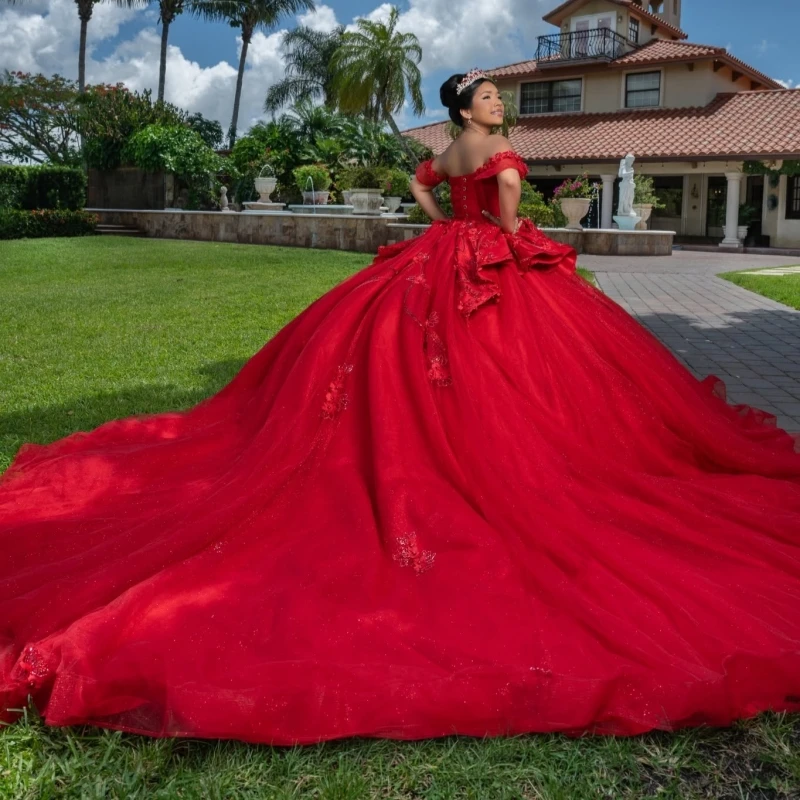 Red Glitter Quinceanera Dresses Off Shoulder Ball Gown Sweet 16 Dress Applique Flower Beading Bow Tull Party Birthday Vestidos