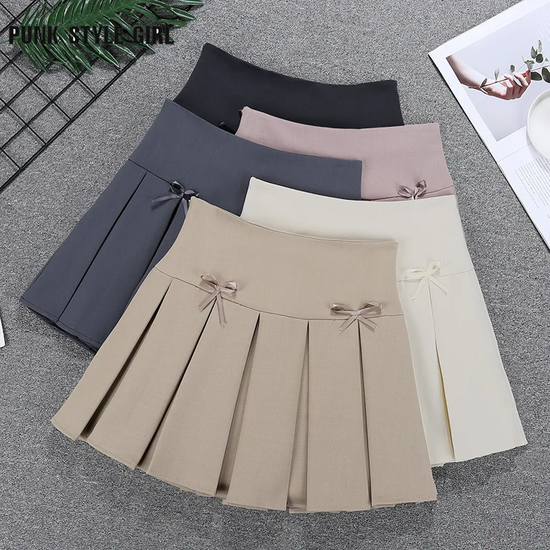 

High Waist Grey Kawaii Solid Mini Skirt Women Preppy Style Pleated Skirts Fashion Streetwear Casual Vintage Summer Skort Bow 90s