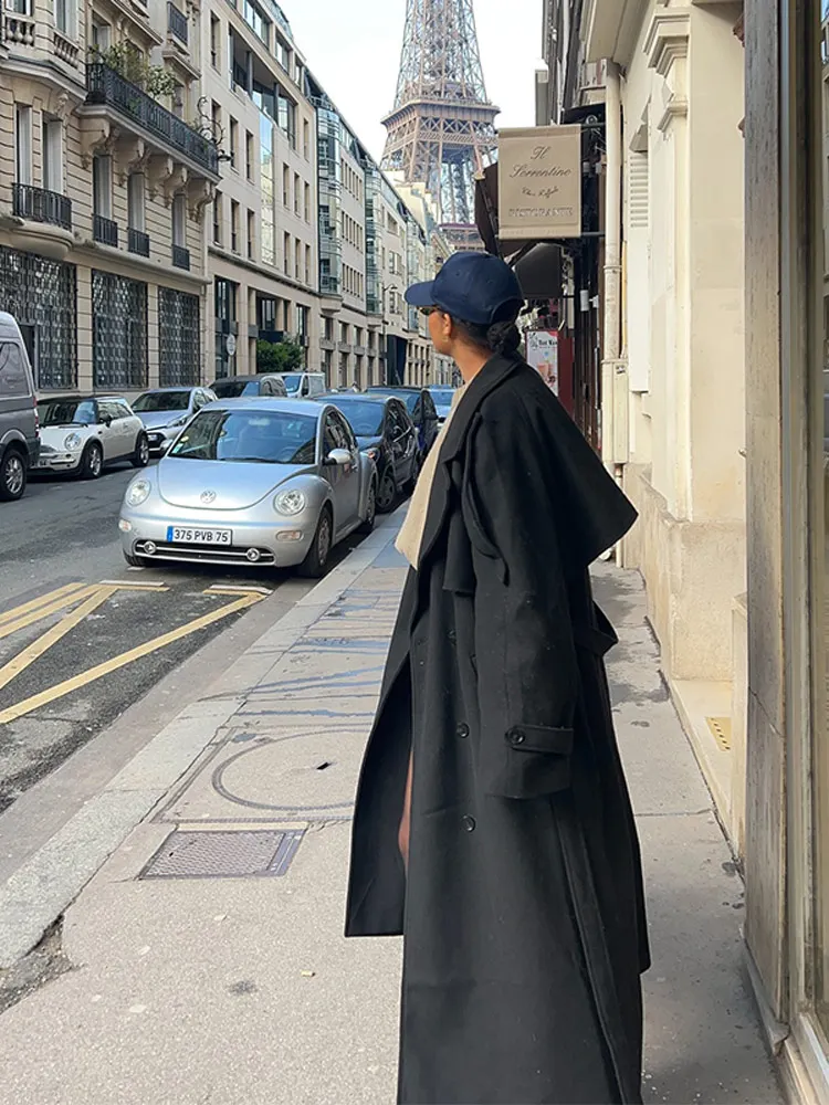 

Шерстяные ремни, двубортное длинное пальто, женское пальто с отложным воротником, повседневное шикарное элегантное пальто с карманами, зимнее уличное женское пальто