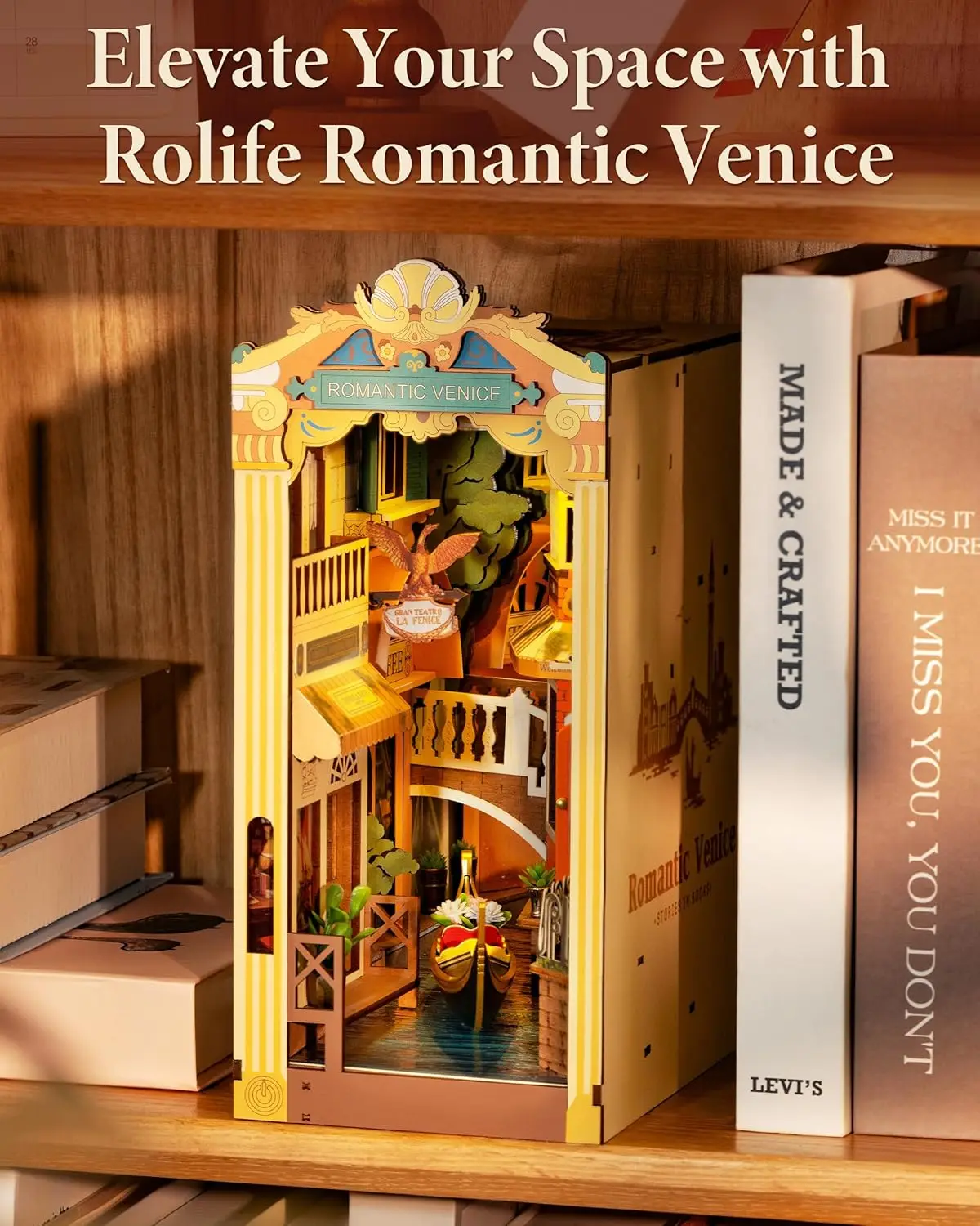 Robotime Romantic Venice Book Nook Kits with LED Lights DIY Miniature House Kit 3D Wooden Puzzle Decoration Gifts for Adults