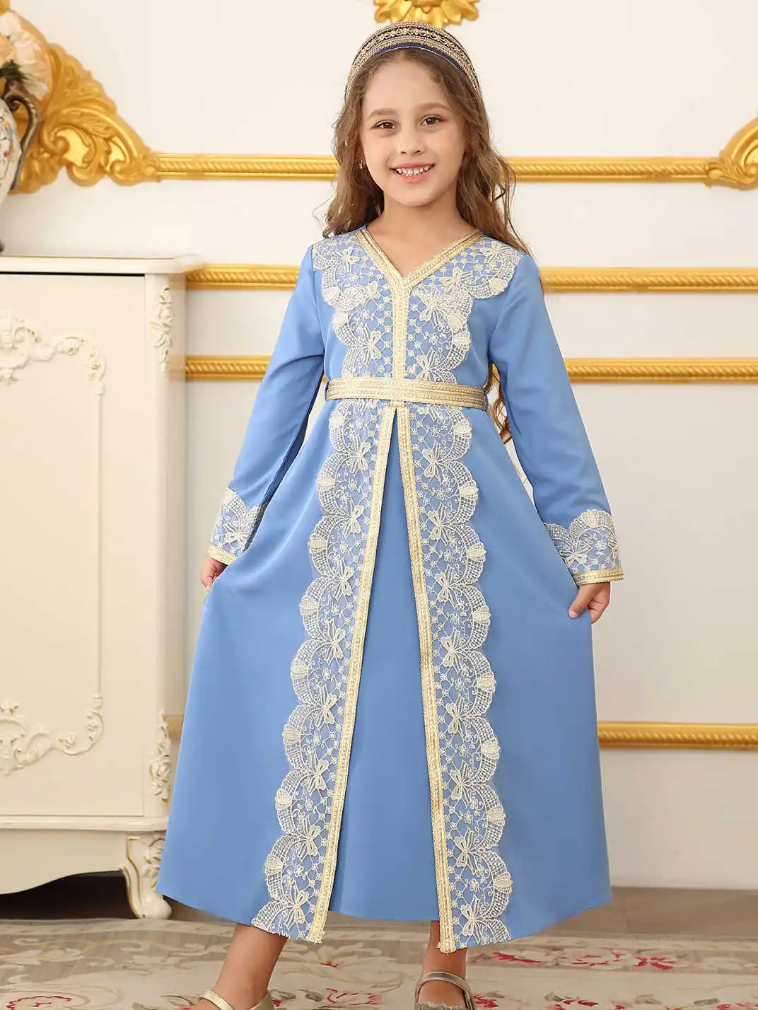 Middle East Morocco Ethnic Lace Robe Muslim Dubai Girls Dress Islamic Wedding Ramadan Festival Costume 3 Middle East Morocco Ethnic Lace Robe Muslim Dubai Girls Dress Islamic Wedding Ramadan Festival Costume 3