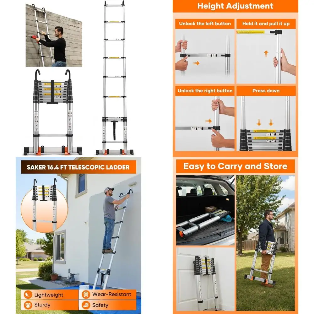 

Aluminum Telescoping Extension Ladder, 16.5FT Collapsible Retraction with Stable Hook and Non-Slip Feet, 330LBS Load Capacity, P