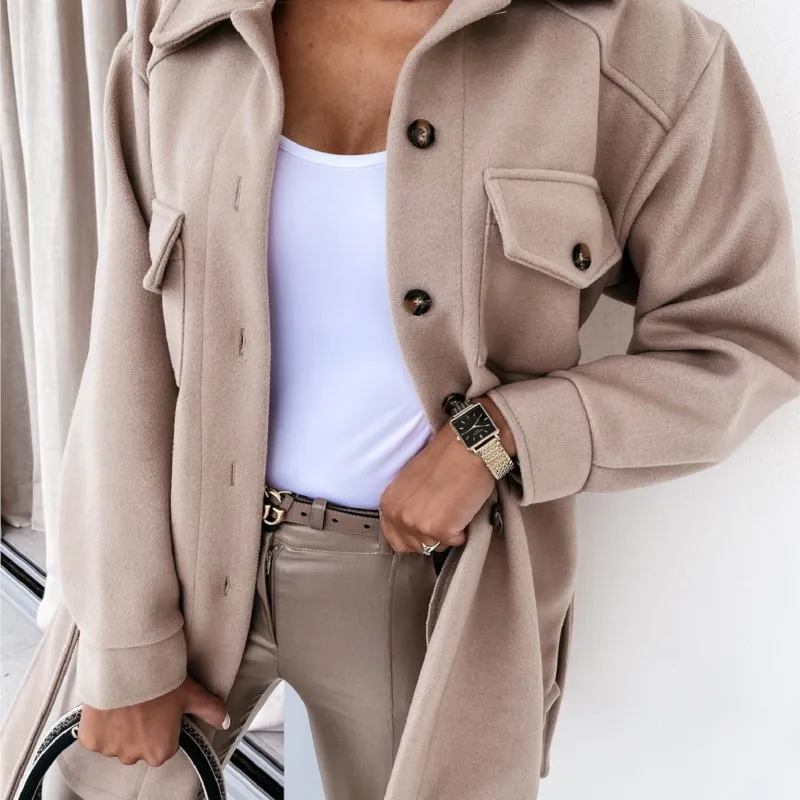 Autumn Winter Warm Coat Lapel Button Pocket Placket Solid Color Long-sleeved Jacket Ropa Formal De Mujer 2025 Chaquetas De Mujer