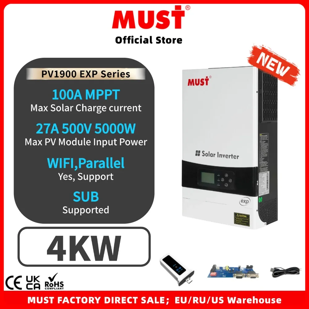 Inversor Solar paralelo fuera de la red, dispositivo híbrido MPPT 100A, entrada PV, cargador de 500 W, debe ser SUB 5000 V, 4kW, 24V, PV1900, EXP