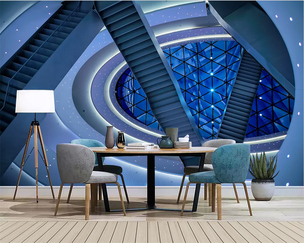 

beibehang papel de parede Custom Modern Geometric Blue Circular Stairs Science and Technology Museum TV Background Wallpaper