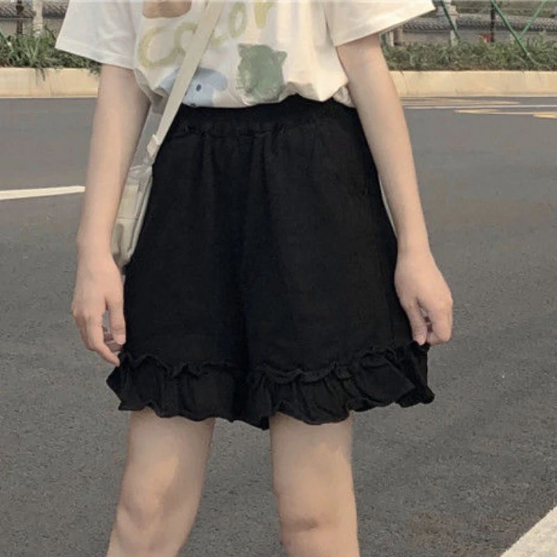 Shorts Women Sweet Design Fashion Elastic Waist Leisure Simple Straight All-match Empire Preppy Ruffles Students Solid Tender