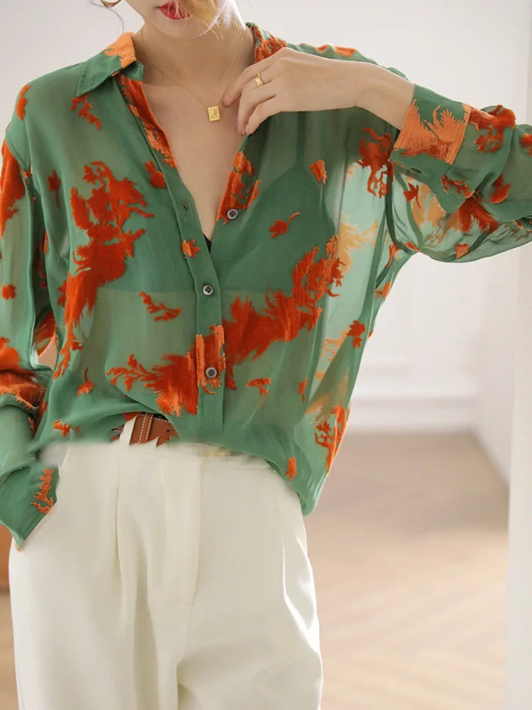 Green Orange Print Semi-transparent Long Sleeve Shirt Women Camisas De Mujer