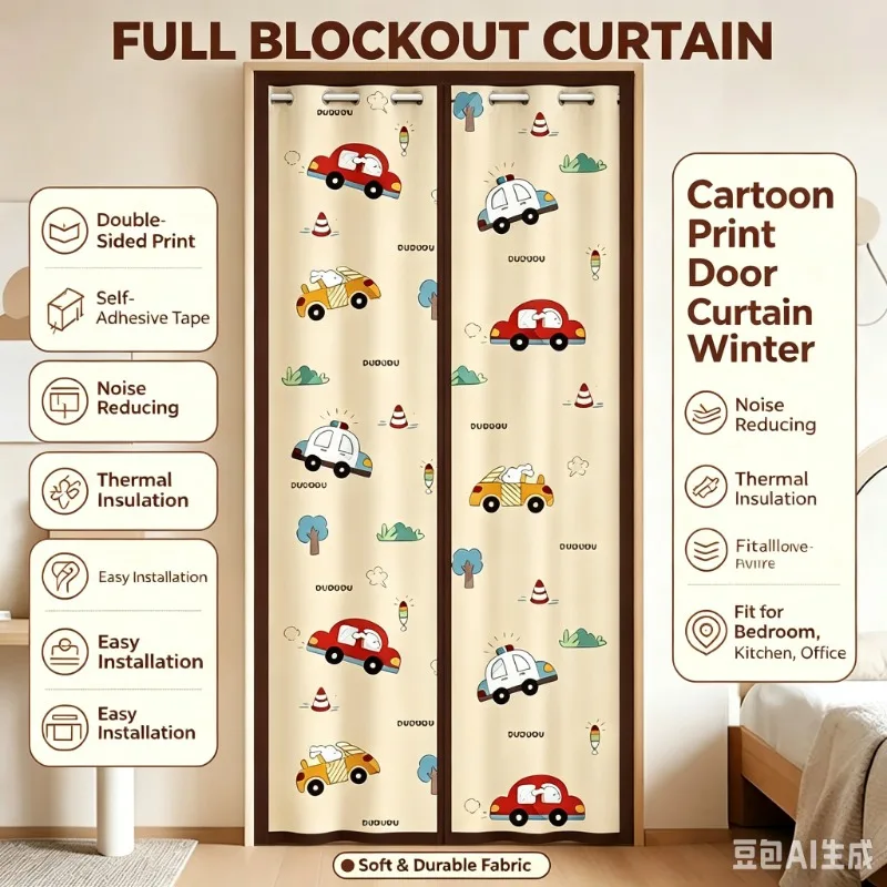 Self‑Closing Winter Door Curtain Windproof Thermal Insulated Magnetic Cotton Screen No‑Drill Cartoon Door Curtain for Doorway