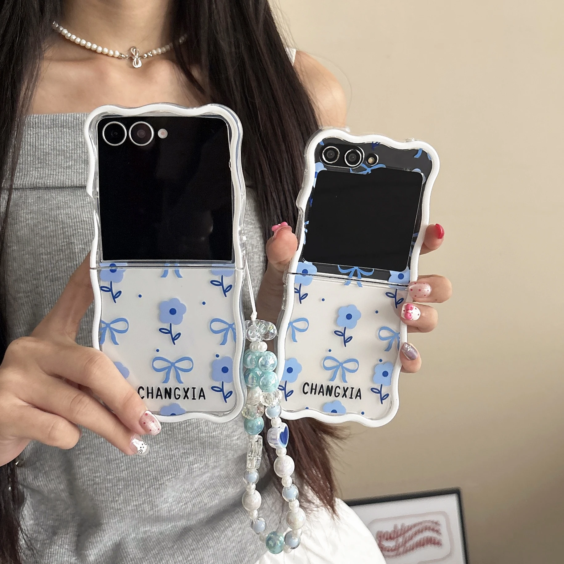 الكورية زهرة القوس قضية الهاتف لسامسونج غالاكسي Z Flip7 6 5 4 3 غطاء مع الحبل موجة غطاء الهاتف ل Z Flip7 Flip6 جراب هاتف
