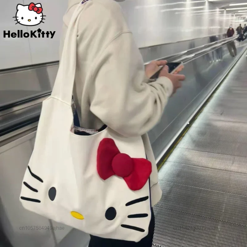 Kawaii Hello Kitty Canvas Bags Anime Kt Cat Shoulder Bag Women Casual Tote Foldable Handbag Large Capactiy Storage Bag Girl Gift