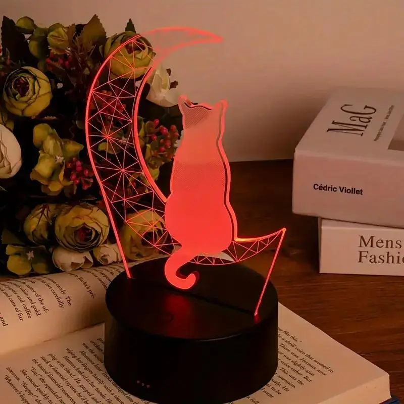 1PC Geometry Cat 3D Night Light, 3D Optical Illusion Lamp With Touch, 7-Color Changing Ambient Light For Bedroom