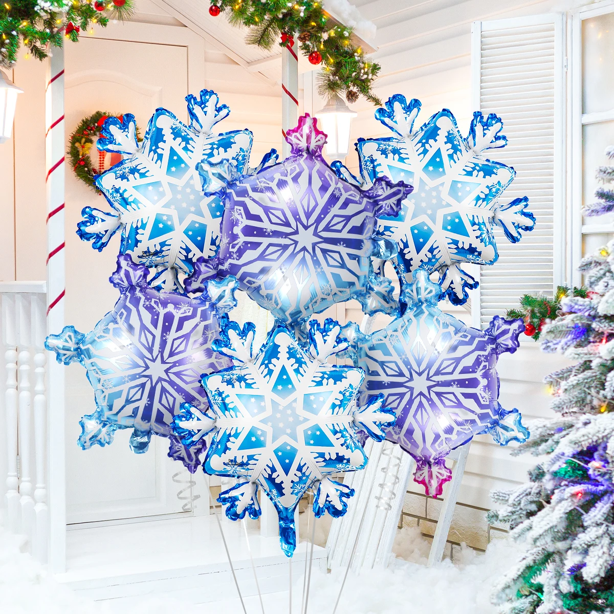 6pcs gradient snowflake aluminum foil balloons, winter theme Christmas ice and snow world New Year party decoration