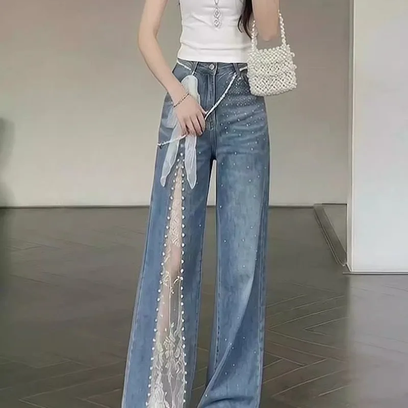 Lace and Pearl Patchwork Design Straight-leg Jeans for Women's Spring New Style Blue High-waisted Loose Slimming Casual Pants