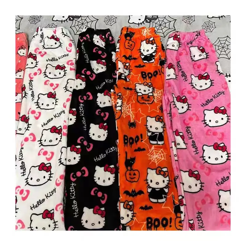 Kawaii Sanrio Hello Kitty flannel pajamas black women\'s warm wool cartoon casual home pants autumn and winter fashion trousers