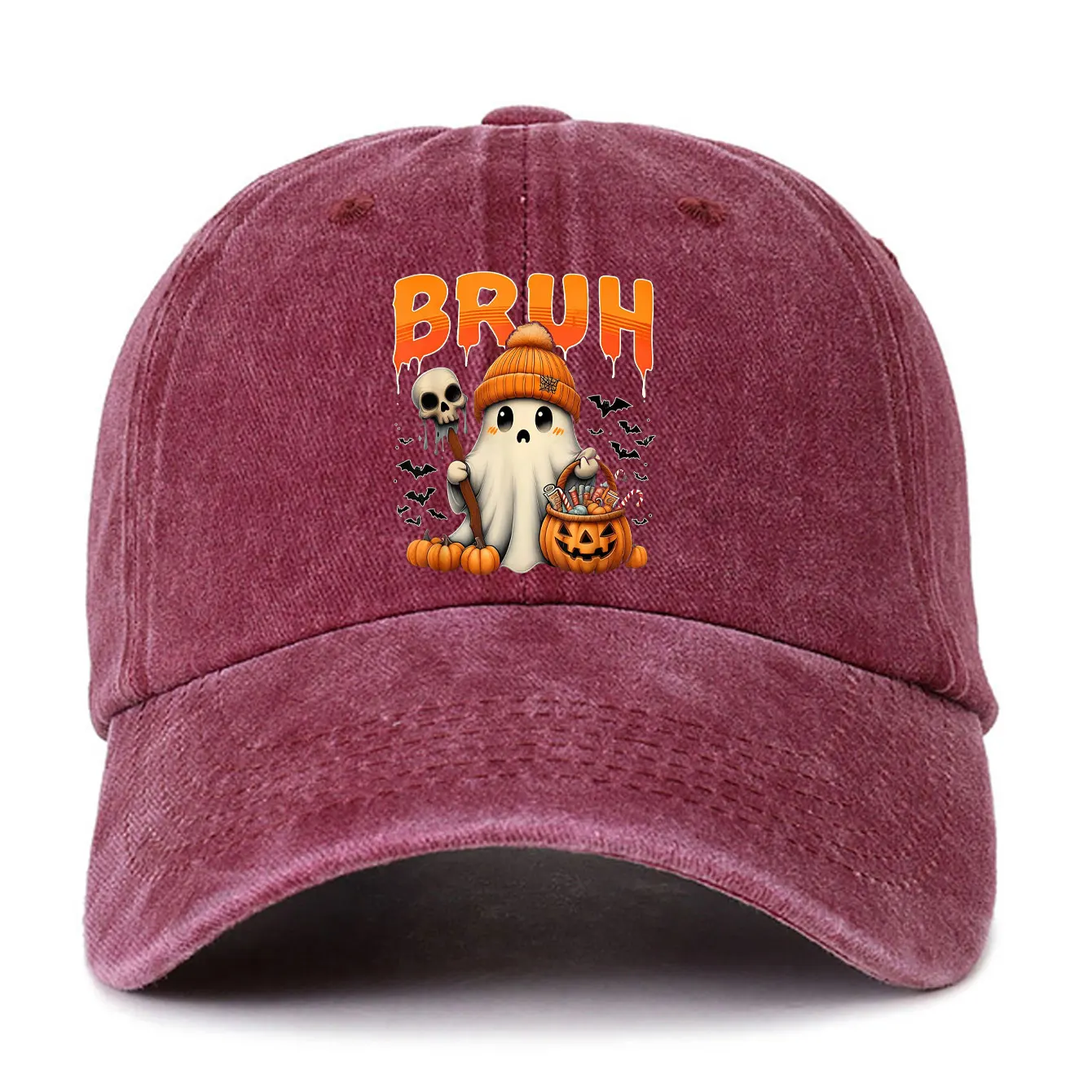 Brun Kawaii Ghost Тыква Фонарь Бейсболка с принтом Винтаж Хэллоуин Женщина Мужчина Регулируемая мытая шляпа Классическая кепка дальнобойщика