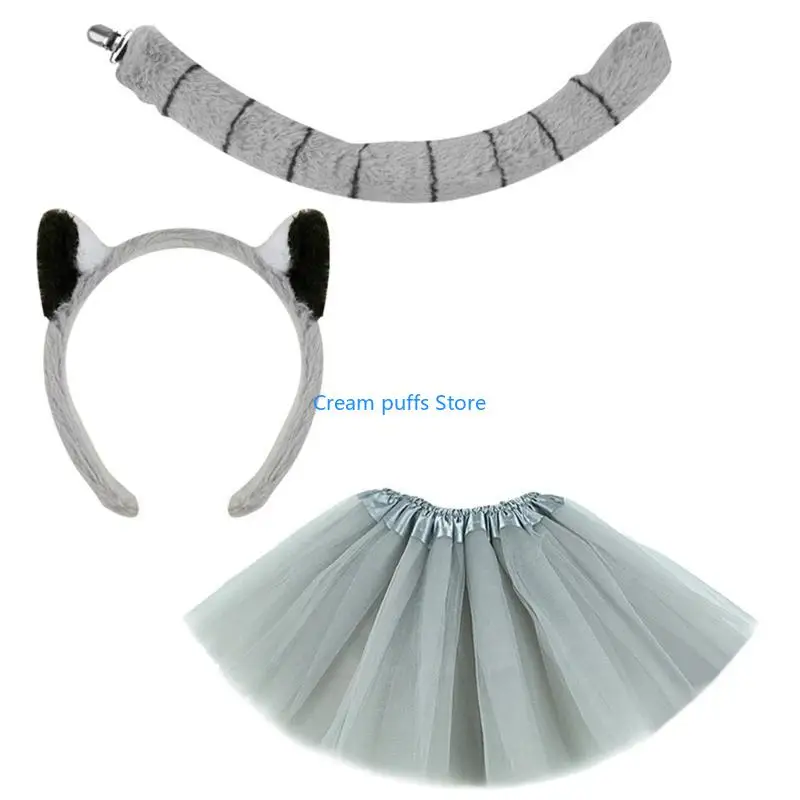 50LE Monkey Costume Monkey Ear Headband Tail Bowtie Glove and Skirt Halloween Lemur Dress up Outfit for Kid Halloween Cosplay