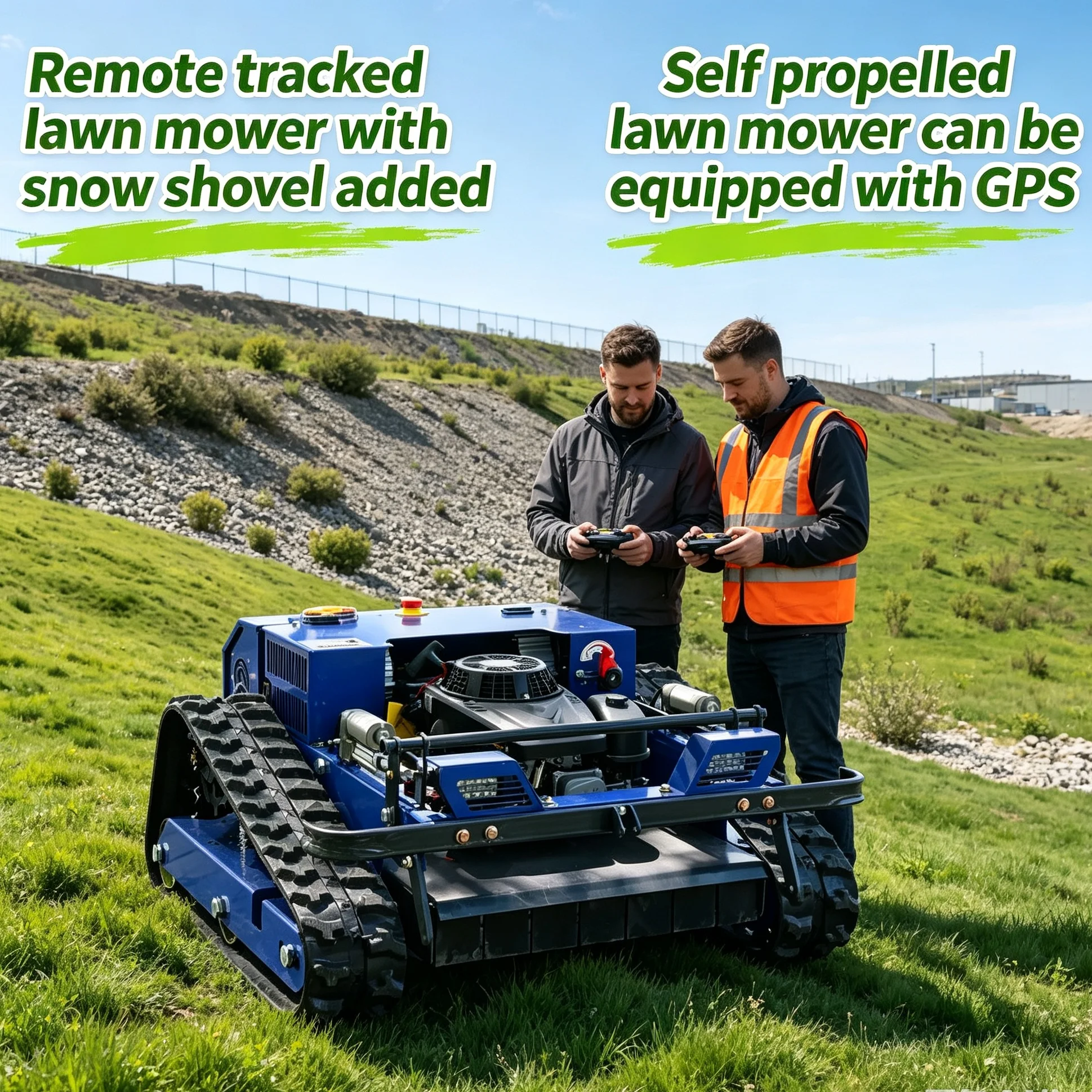 Tondeuse robotisée intelligente personnalisée avec trous de fixation pour support, système GPS pour une hauteur de coupe stable sur terrain accidenté et aride.
