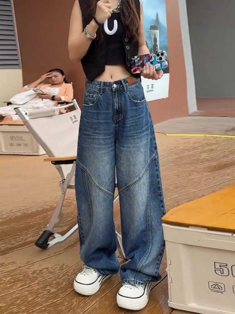 

Синие джинсы с высокой талией и широкими штанинами, женские свободные джинсовые брюки прямого кроя, осенние брюки для коррекции фигуры Pear ape Body Slimming