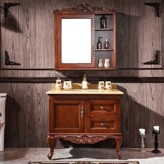 New Chinese bathroom cabinet oak red oak solid wood bathroom cabinet floor-to-ceiling simple European washstand