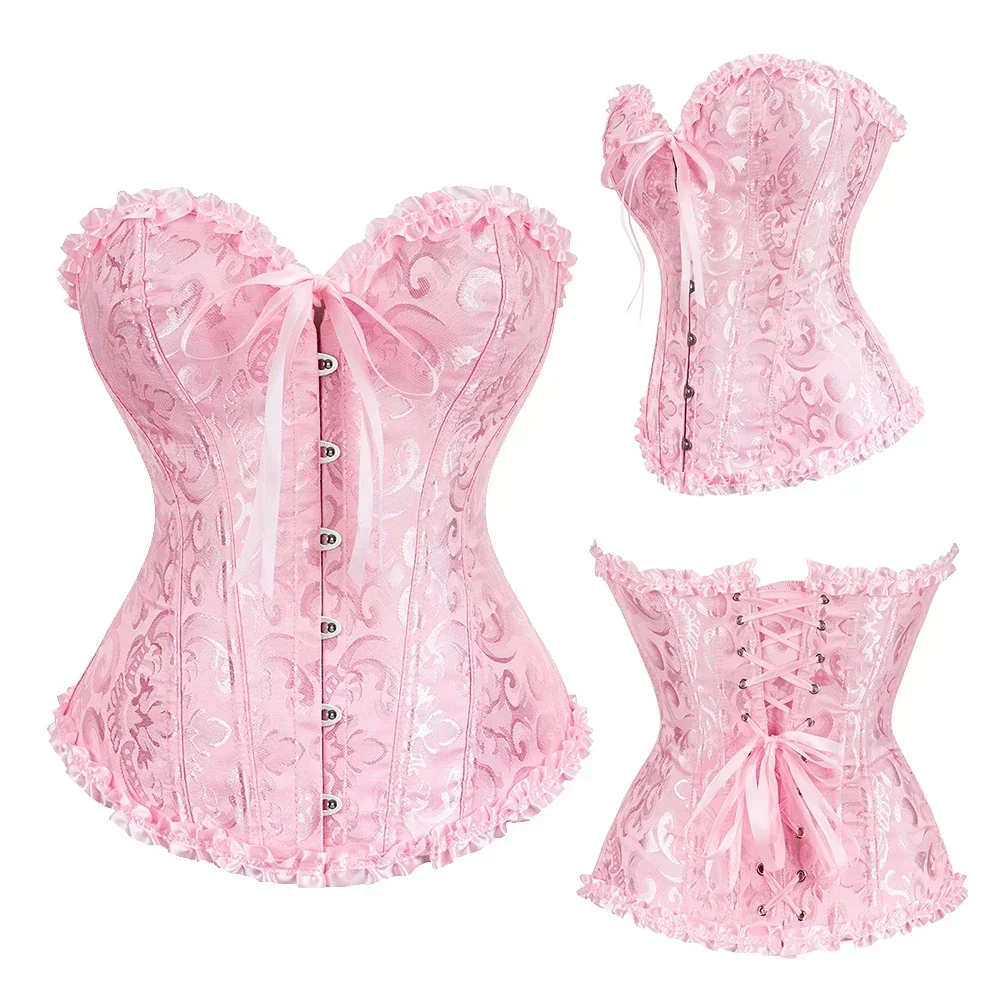 Frauen Korsett Top Jacquard Overbust Bustier Viktorianischen Sexy Lace up Floral Dessous Korset Vintage Gothic Basken Kostüm – Detail 5