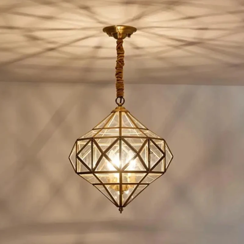 

American Geometry Wrought Iron LED Ceiling Pendant Lights Candle Hanging Lamp Corridor Living Room Bedroom Restaurant Chandelier