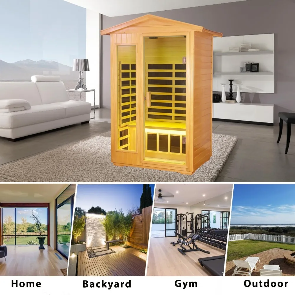 Sauna externa, sauna infravermelha distante para 2 pessoas, sauna de madeira de basswood para casa com 8 saunas caseiras emf baixas, 2 luzes de leitura LED