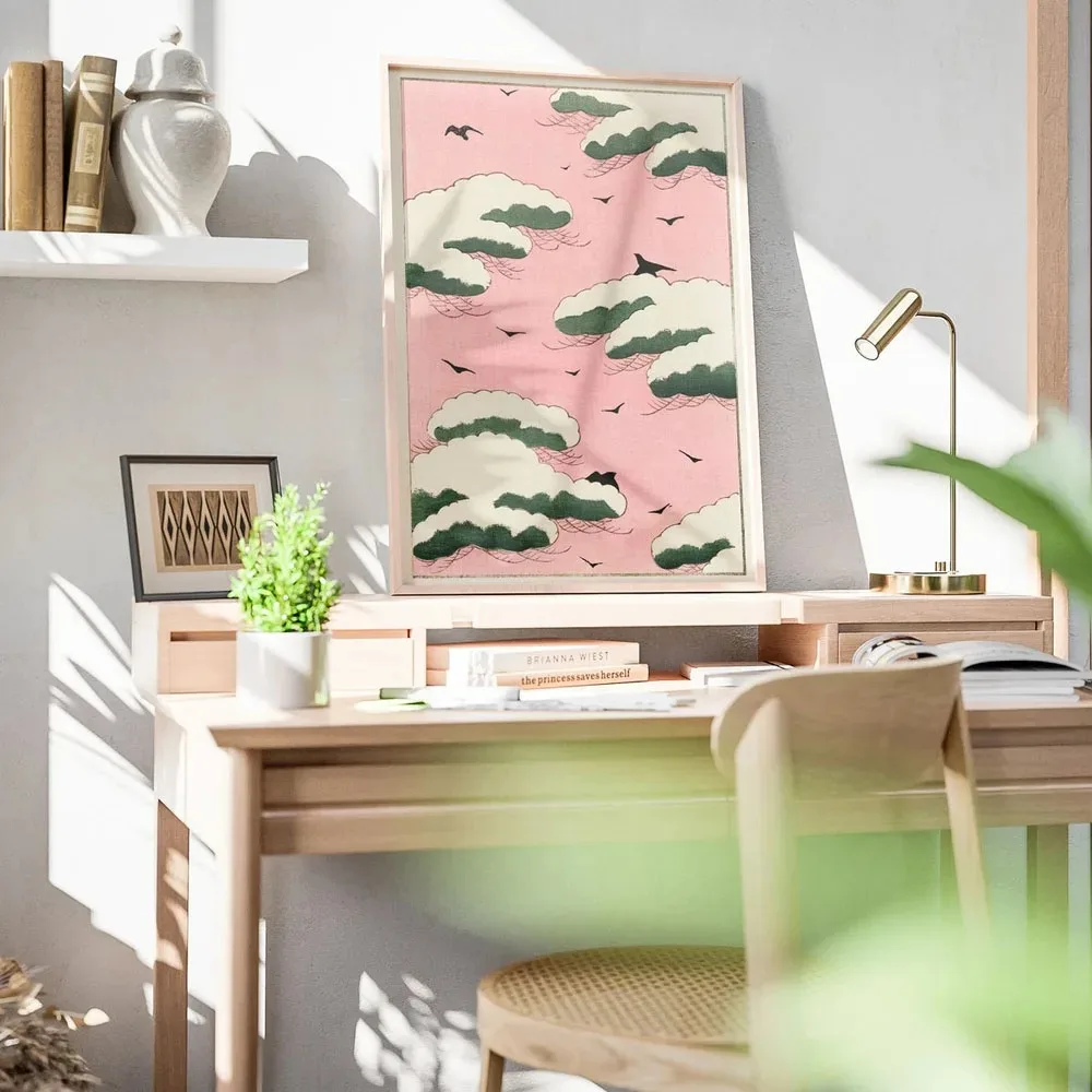 Japanischer Koi-Fisch, Blumen, Bäume, rosa, ästhetisches Schlangen-Poster, Leinwandgemälde, Druck, Mid-Century-Kunst, Kaffeehaus, Bar, Raumdekoration – Detail 3
