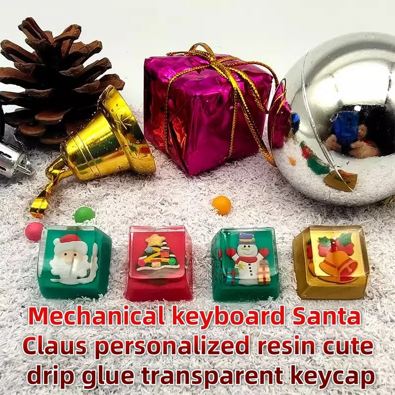 Mechanical Keyboard Christmas Series Keycaps Elderly Tree Snowman Bells Personalized Resin Cute Drip Glue Transparent Keycaps