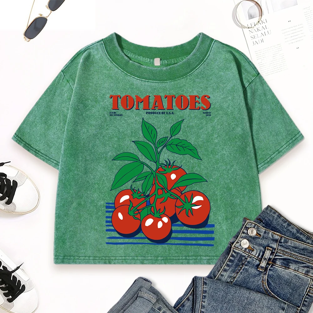 

Fresh Hand Picked Tomatoes Fruit Printed Women Washed T Shirt Fitness Cotton Short Sleeve Street Hip Hop Top Slim Retro T-Shirt