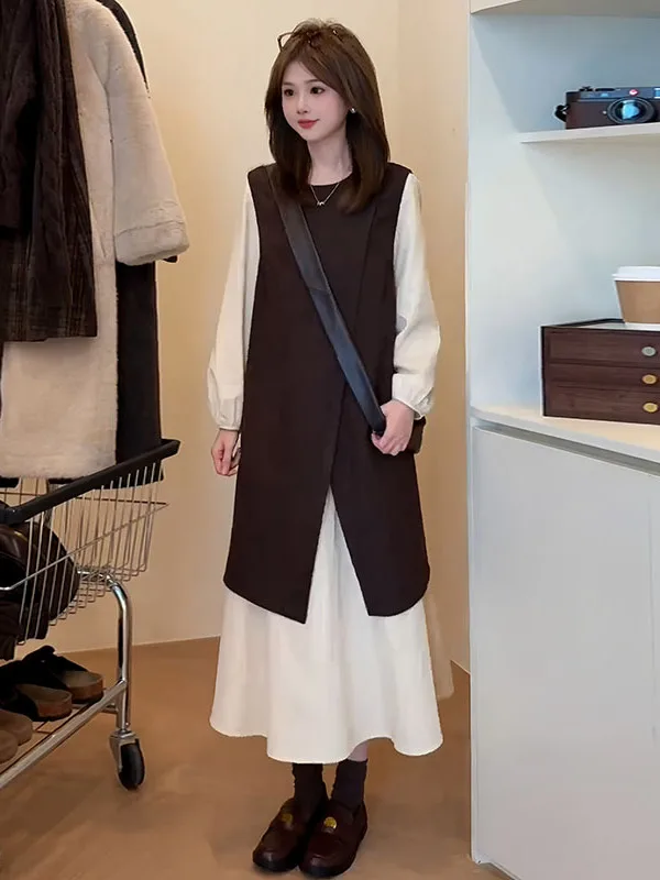 plus Size Color Block Long Dress Elegant Loose Fit French Style Casual A-Line Skirt Suitable for plus Size Women Autumn New S...