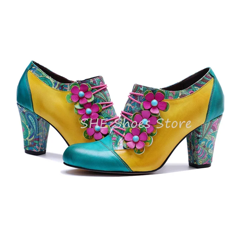 

Ethnic Embroidery Patchwork High Top Women Loafers Mixed Color 3D Flowers Decor Round Toe Chunky Heel Pumps Ladies Leather Shoes