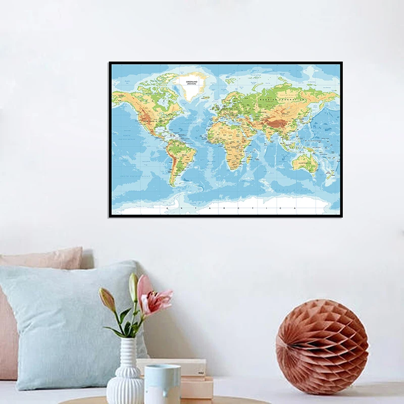 Mapa de la topografía del mundo, lienzo de pintura, póster de arte de pared, suministros escolares, decoración del hogar para sala de estar y aula, 60x40cm