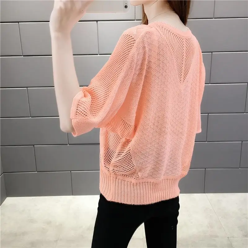 Spring Summer Thin Bat Sleeve Knit Top for Women 2023 New Loose Relaxed Pullover Round Neck Hollow Short Sleeve Bottom Top