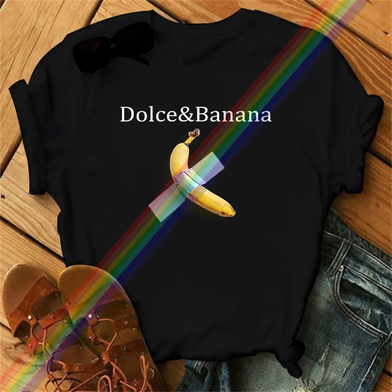 High-quality spring and summer women's banana-printed cotton casual and versatile T-shirts from a cotton light luxury brand